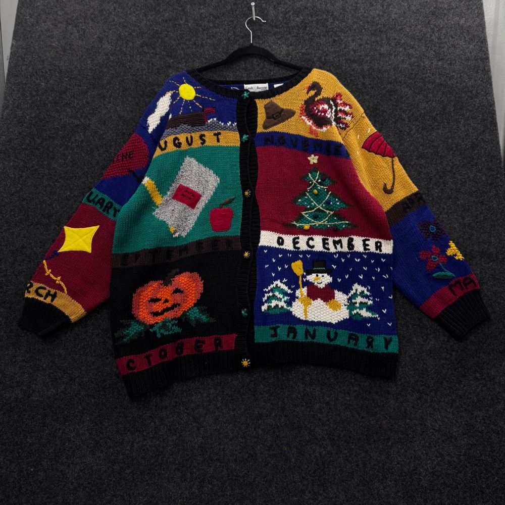 Vintage Croft & Barrow Woman Calendar Cardigan Sweater 1X Multi Color Hand Knit